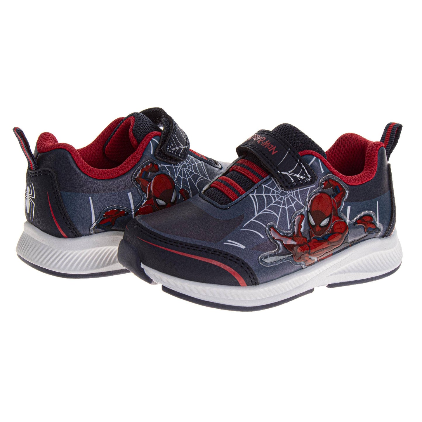 Pair of Spider-Man themed children's sneakers on a white background