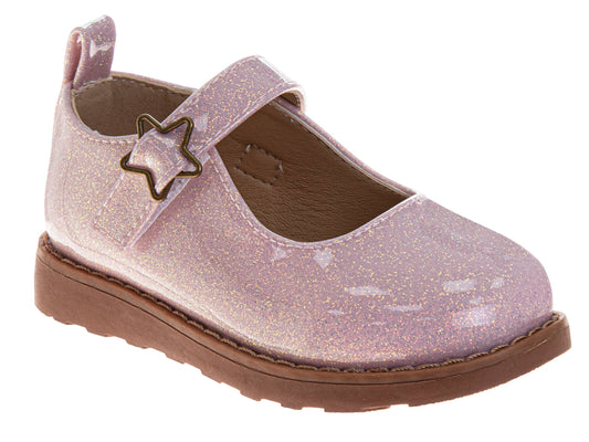 Pink glittery shoe with a star detail on a white background
