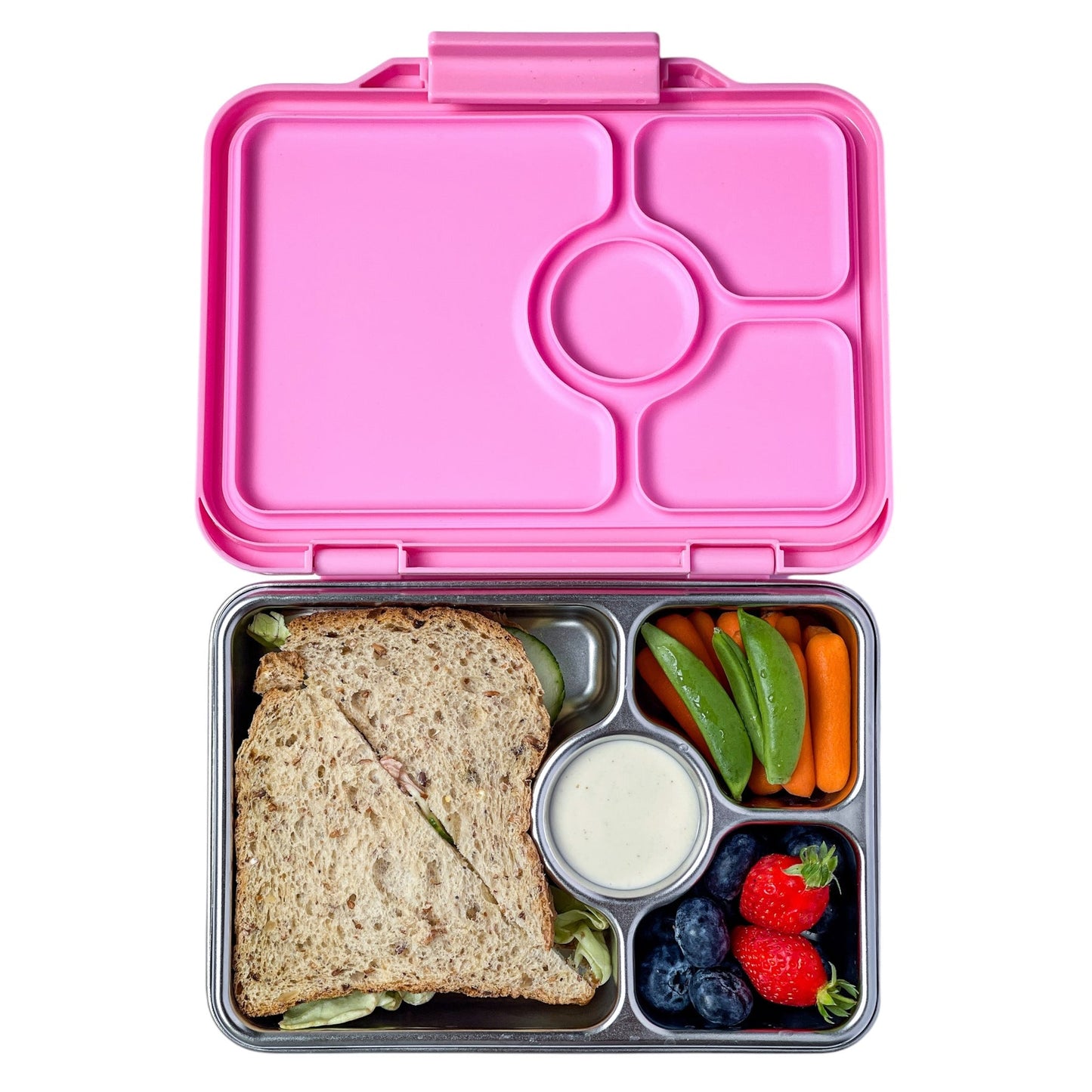 Pink lunch box with sandwich and dip