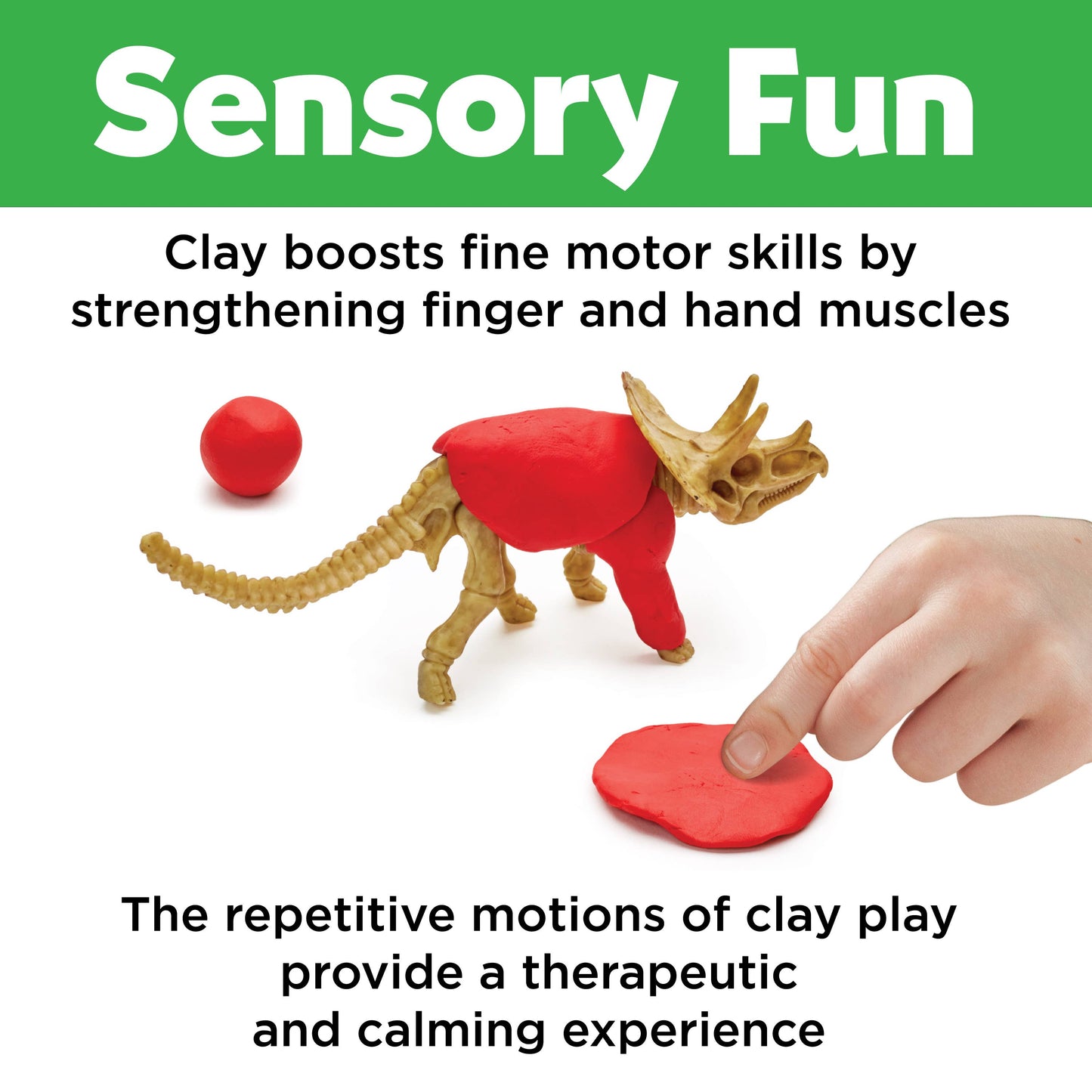 Play dough dinosaur model with red body and beige skeleton, hand shaping red play dough, text about sensory fun.