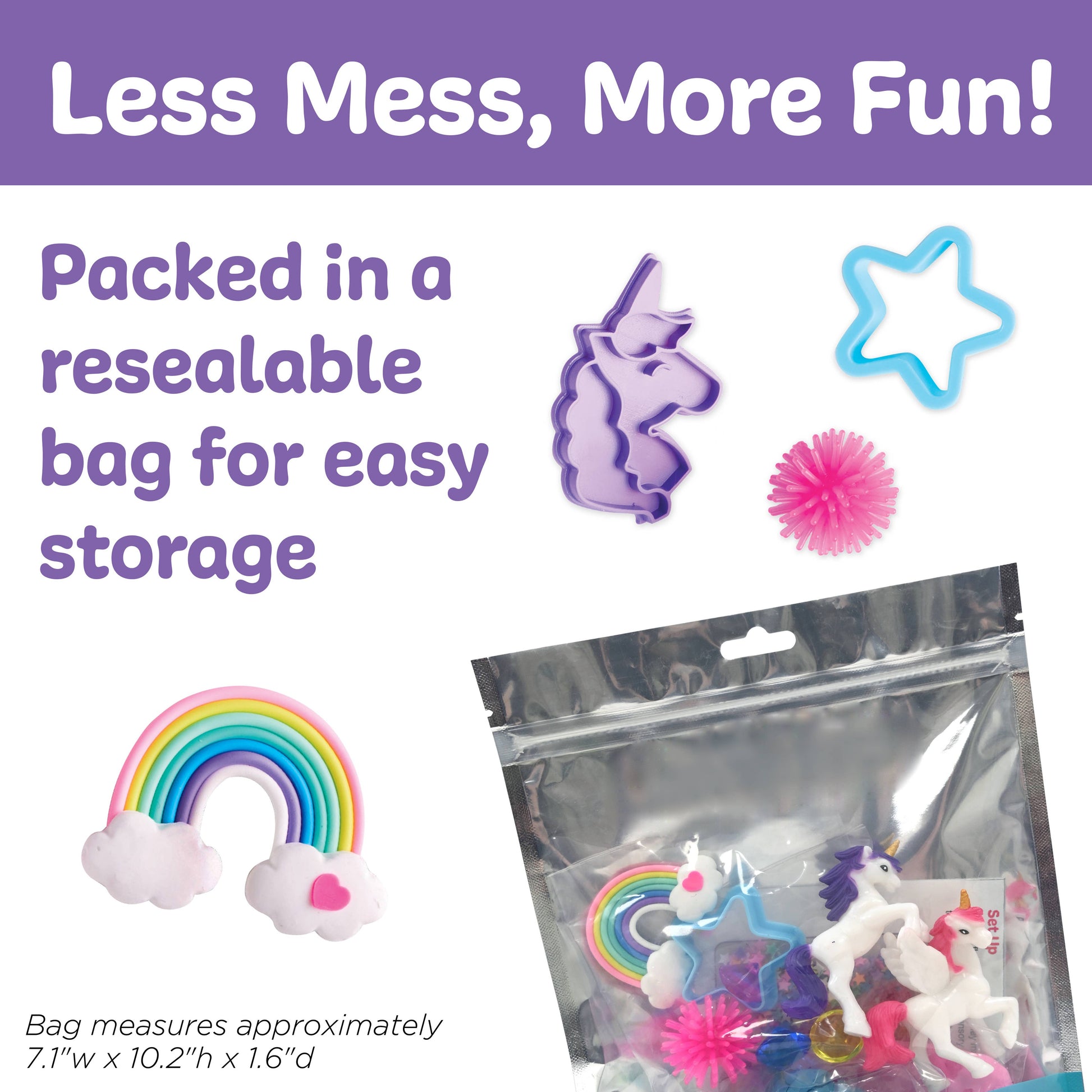 Product packaging with unicorn and rainbow designs, featuring text about resealable bag storage.