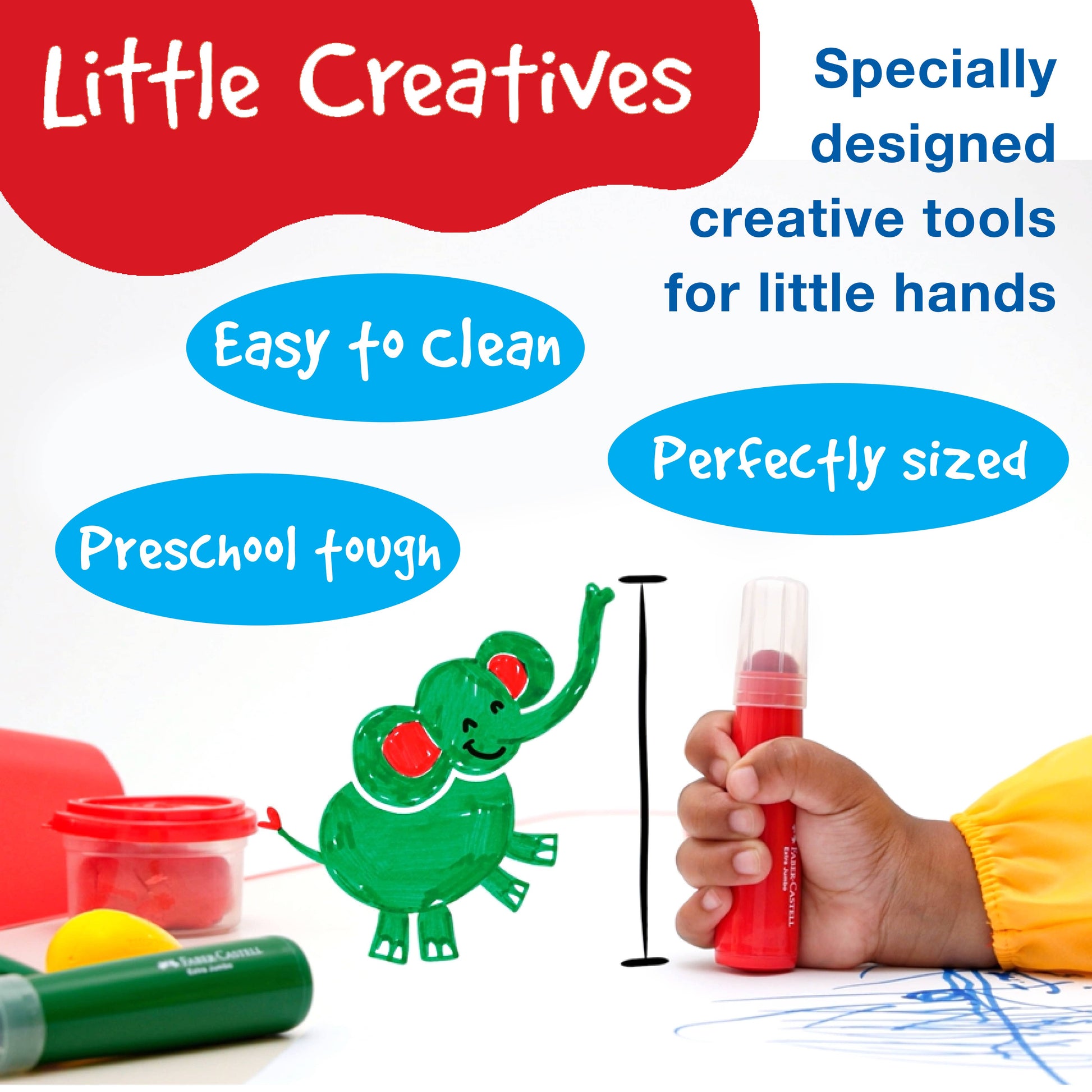 Promotional image of children's art tools with 'Little Creatives' branding and product features. 1