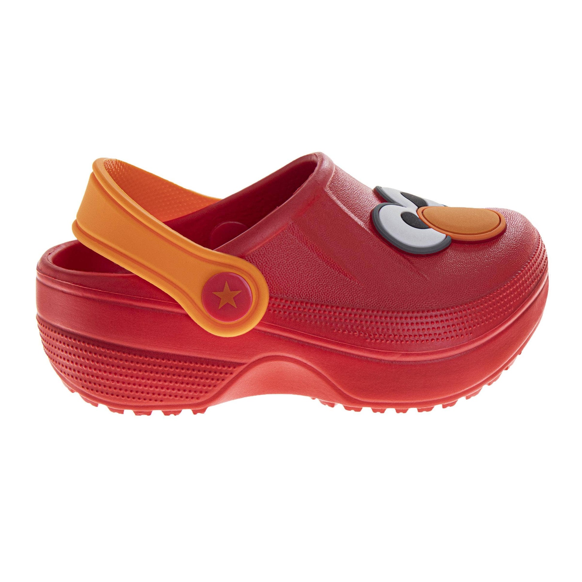 Red and orange children's clog shoe with a cartoon face design on a white background