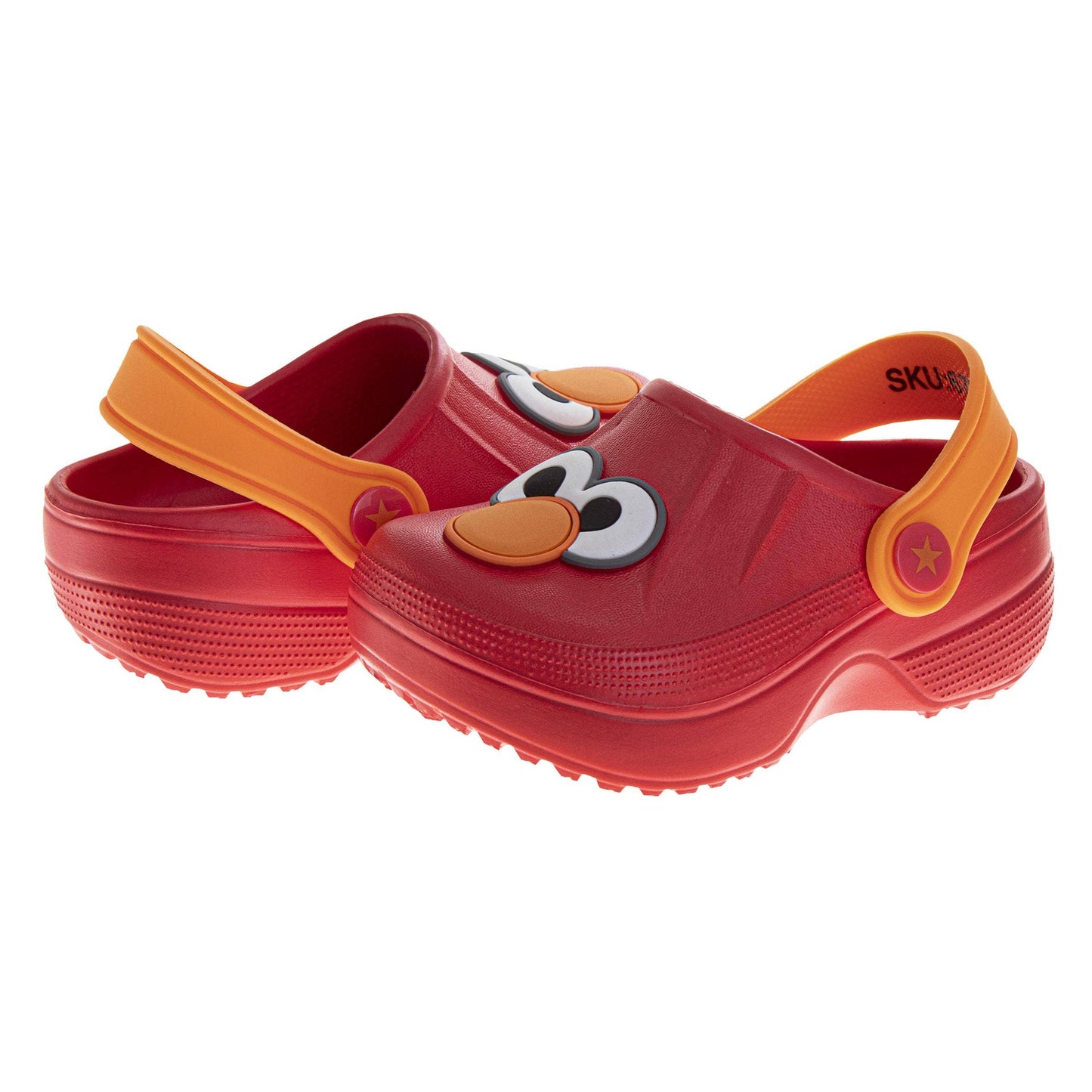 Red children's clogs with orange straps on a white background