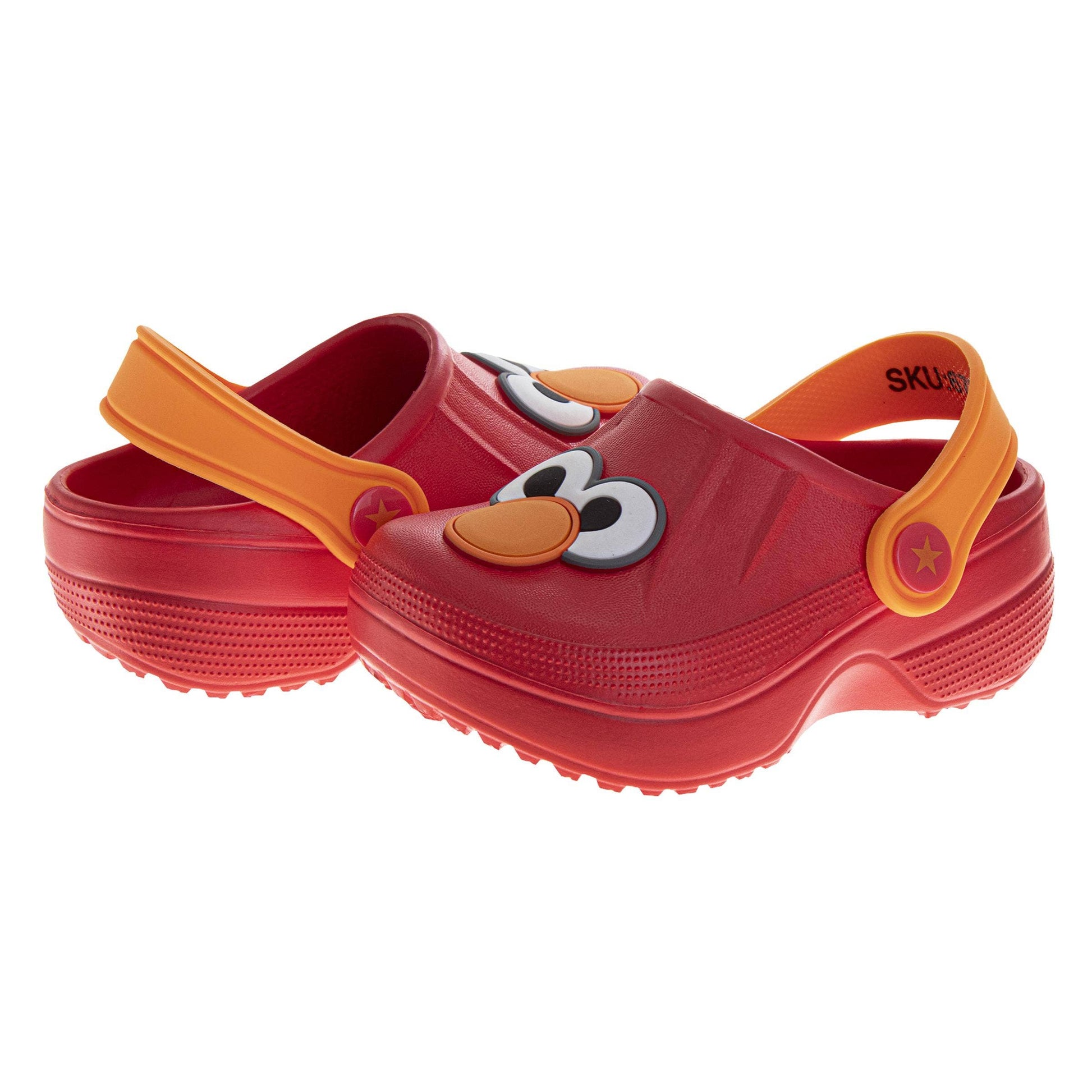 Red children's clogs with orange straps on a white background