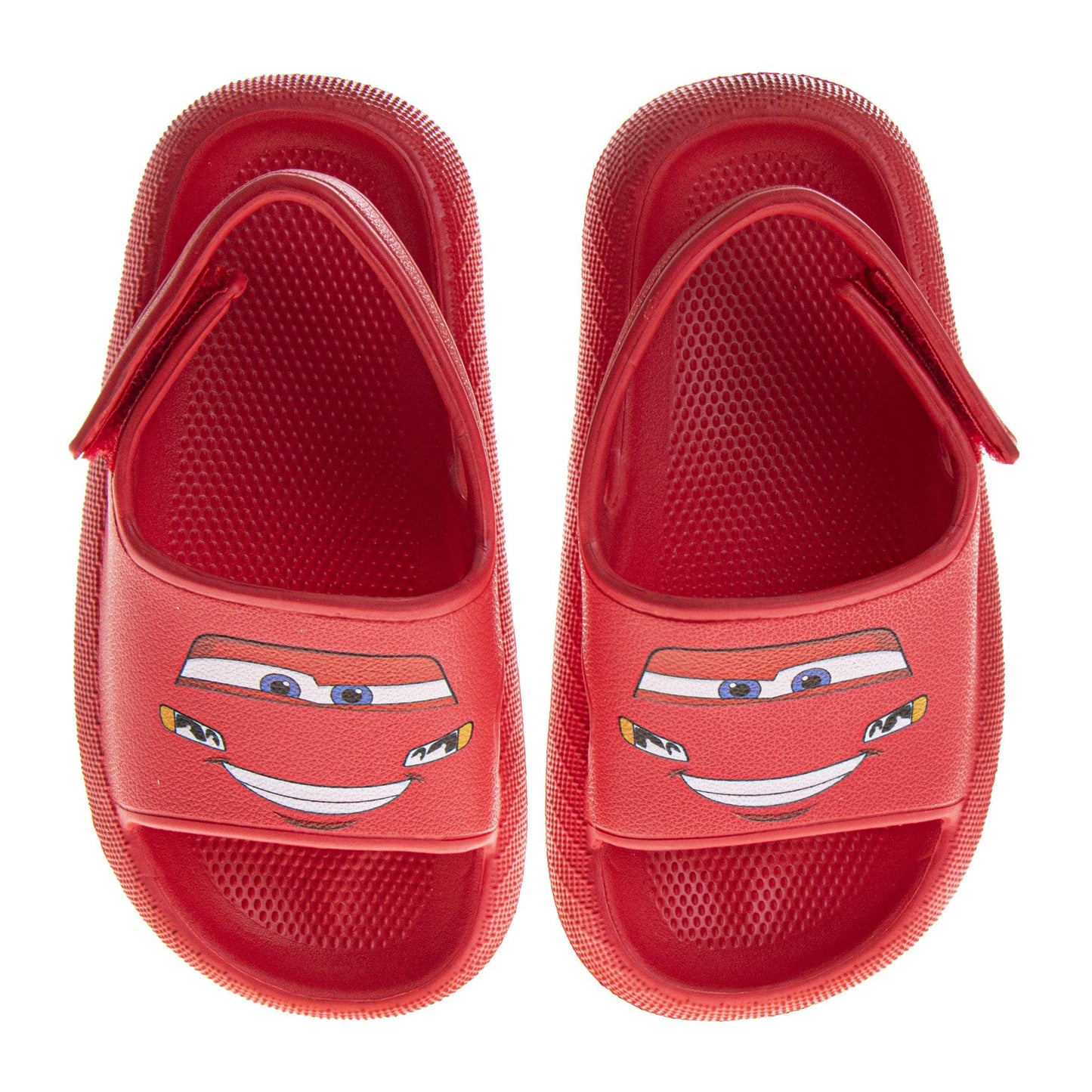 Red children's sandals with a cartoon face design on a white background 1