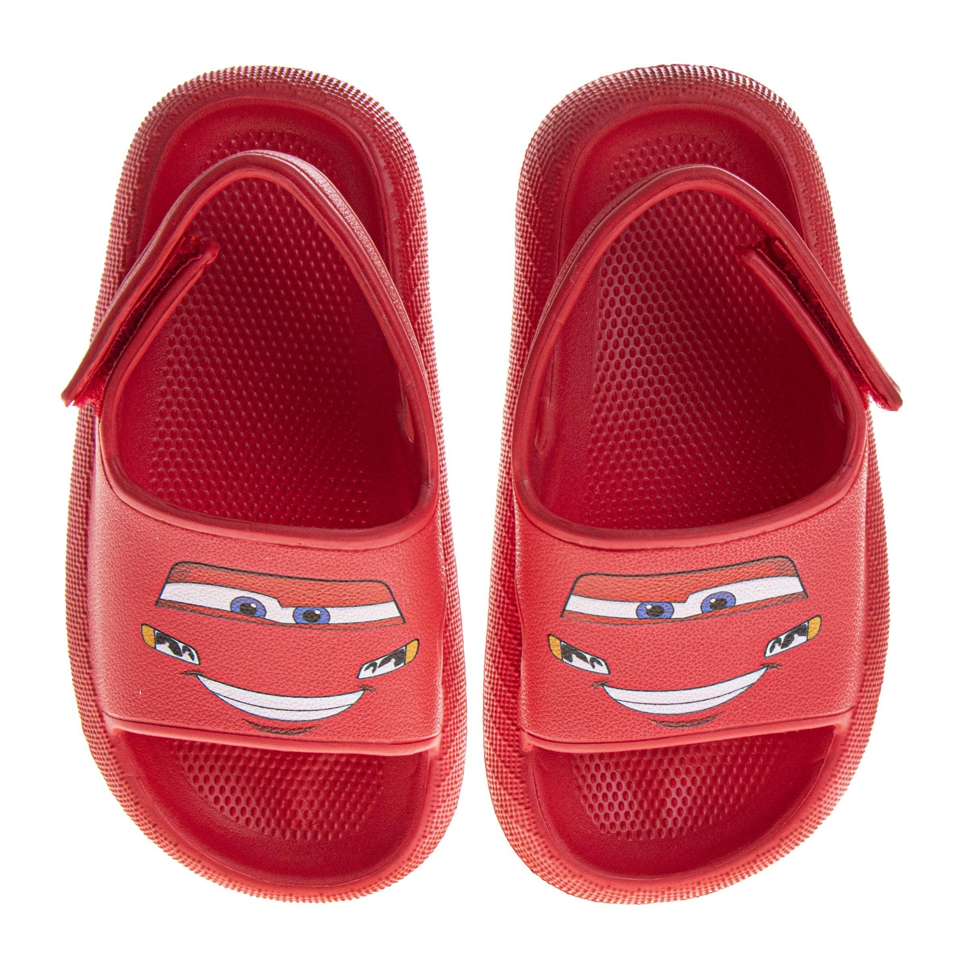 Red children's sandals with a cartoon face design on a white background 1