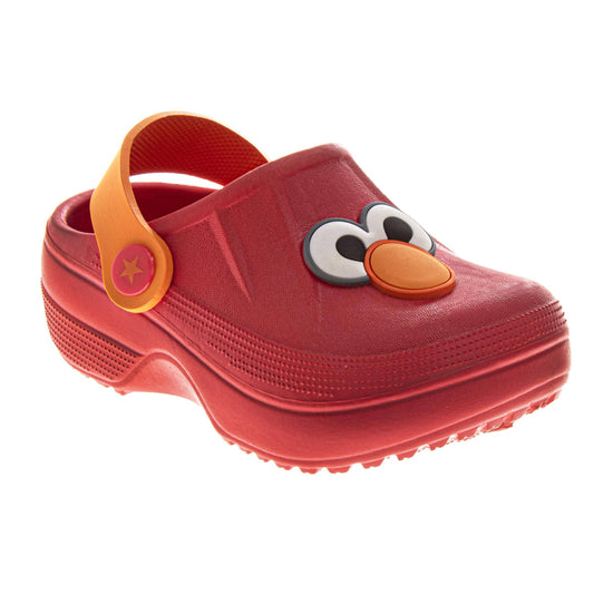 Red clog shoe with a cartoon face design on a white background