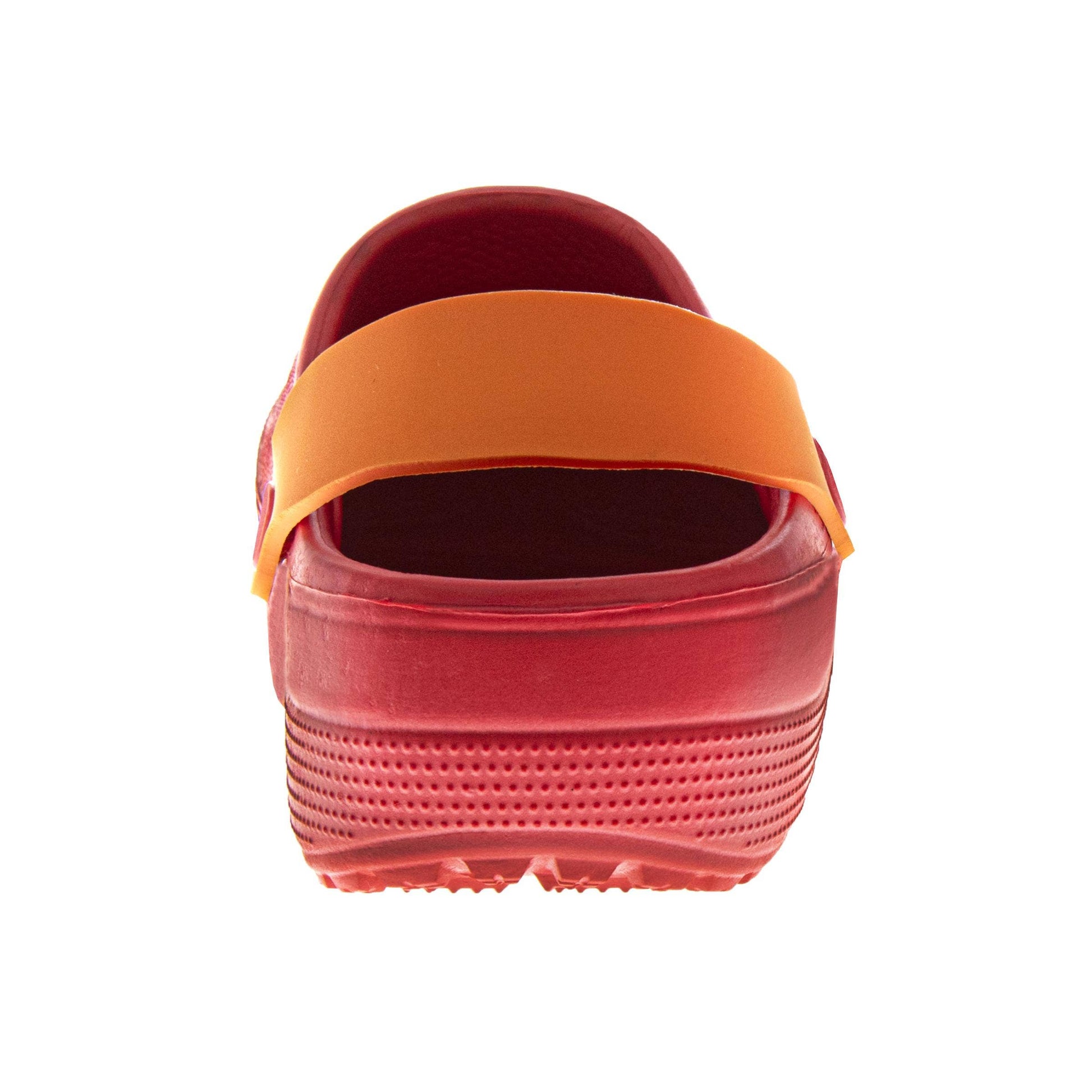 Red clog shoe with an orange strap on a white background