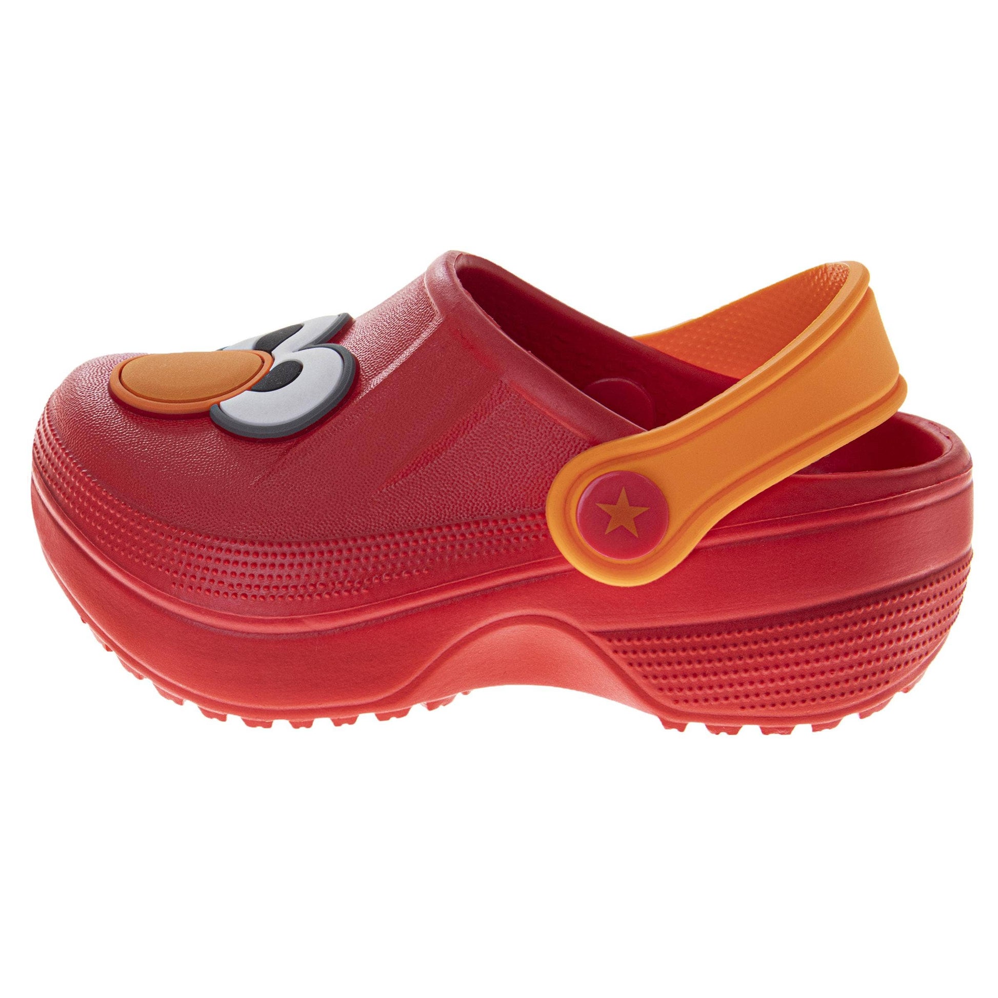 Red clog shoe with orange strap on a white background