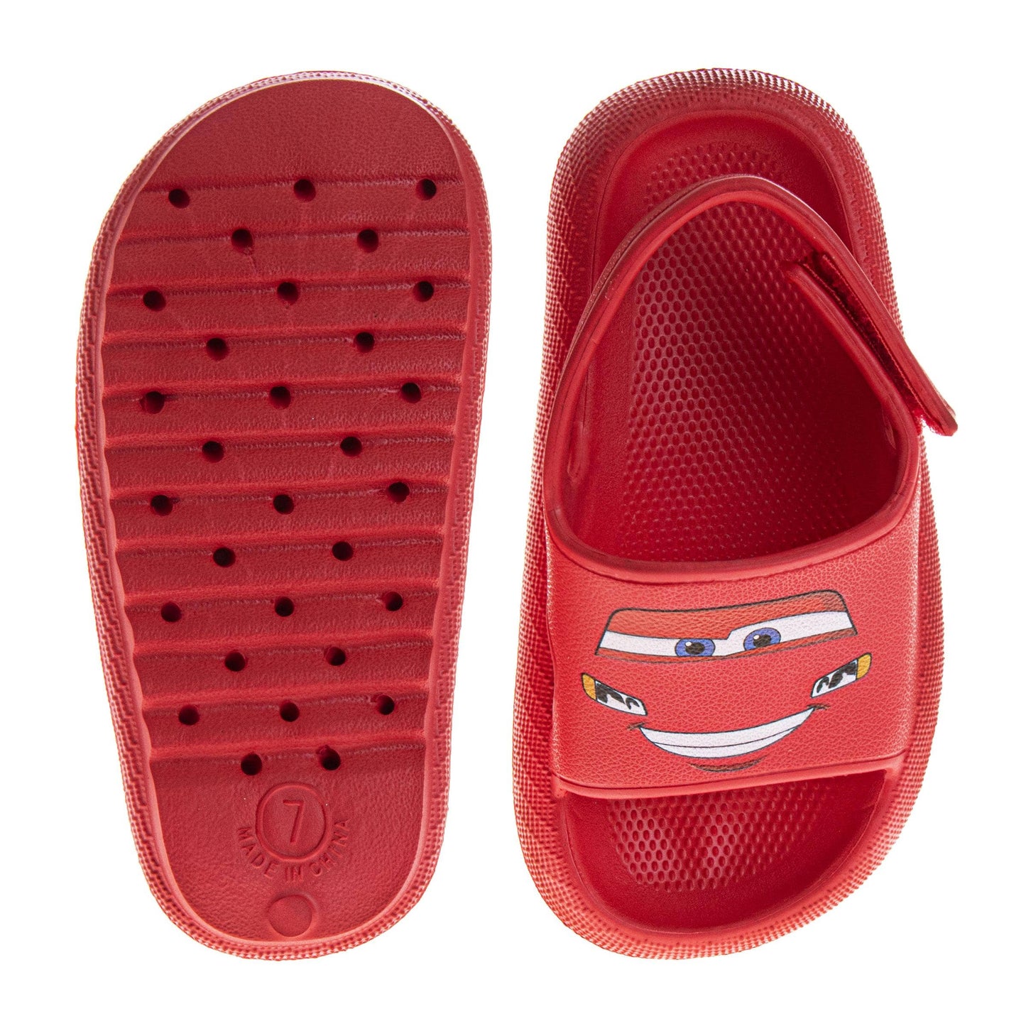 Red sandal with a character face design on a white background