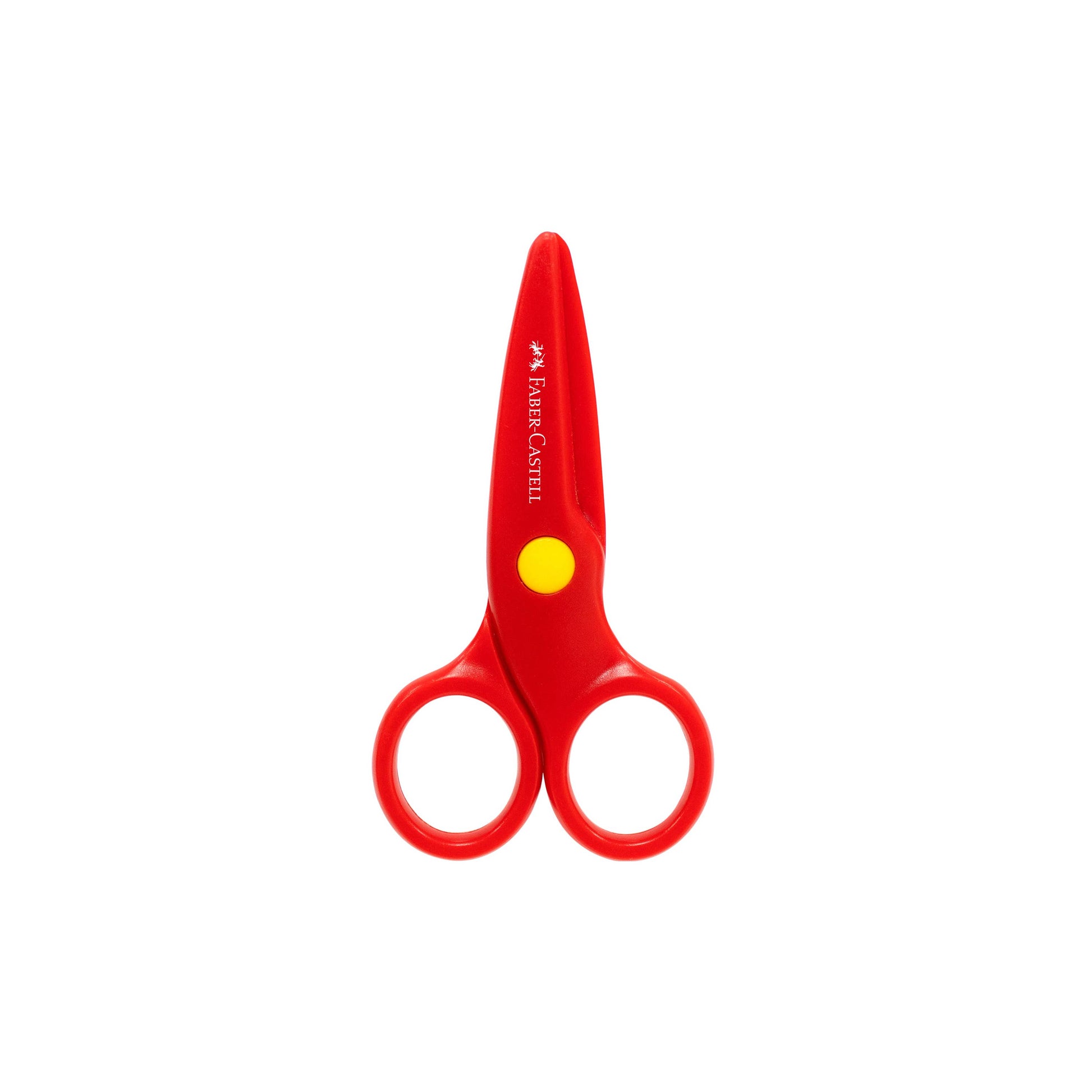 Red scissors with a yellow button on a white background