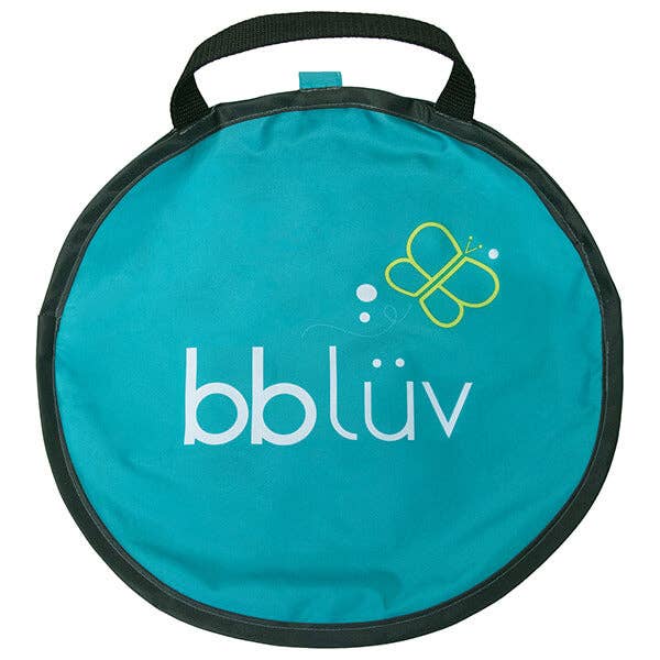 Round teal bag with black handle and 'bbläuv' logo on a white background
