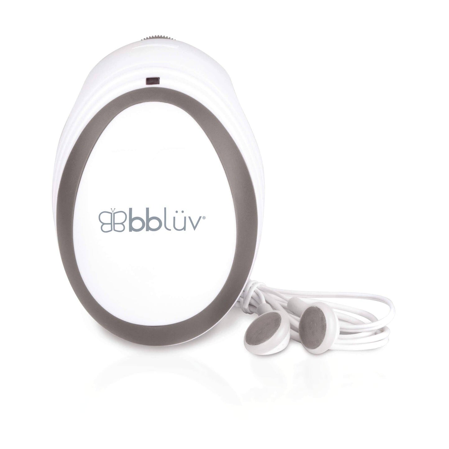 Round white device with a cable on a white background, featuring the brand 'bbluv'.