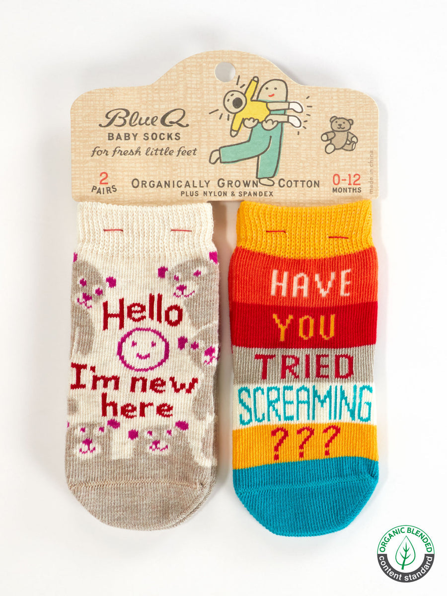 Blue Q - Hello I'm New Here/ Have You Ever Tried Screaming??? Baby Socks (0-12M)
