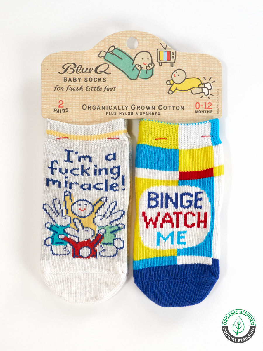 Blue Q - I'm A F*cking Miracle!/ Binge Watch Me Baby Socks (0-12M)