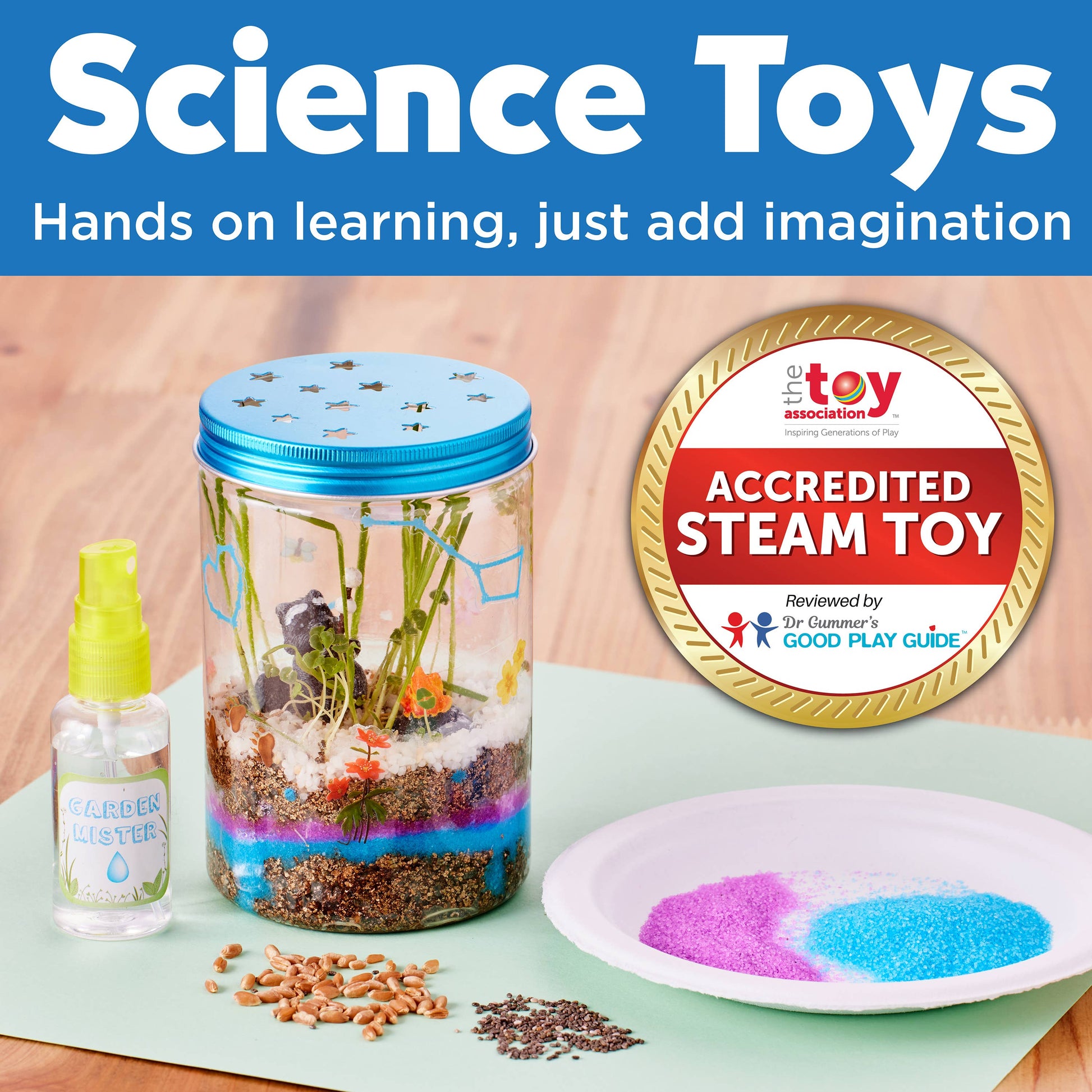 Science toy set with a jar, bottle, and materials on a table, featuring an accredited STEAM toy badge.