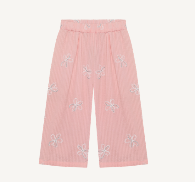 Minymo - Wide Leg Cotton Pants with Silver Floral Detail - 5T