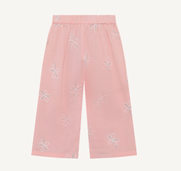 Minymo - Wide Leg Cotton Pants with Silver Floral Detail - 5T