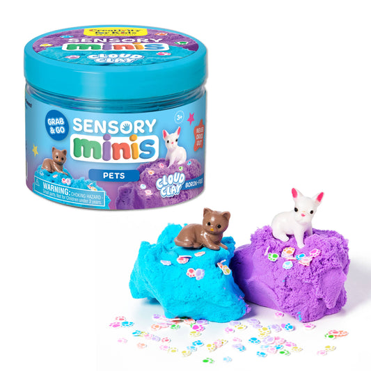 Sensory minis cloud clay with animal figures and packaging on a white background