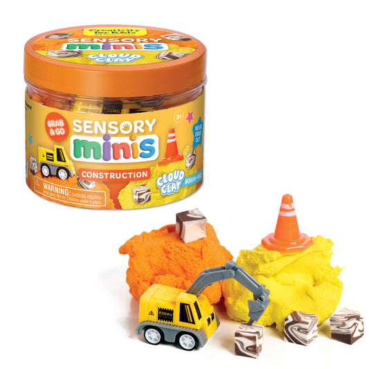 Sensory minis construction cloud clay set with toy truck and cone on a white background