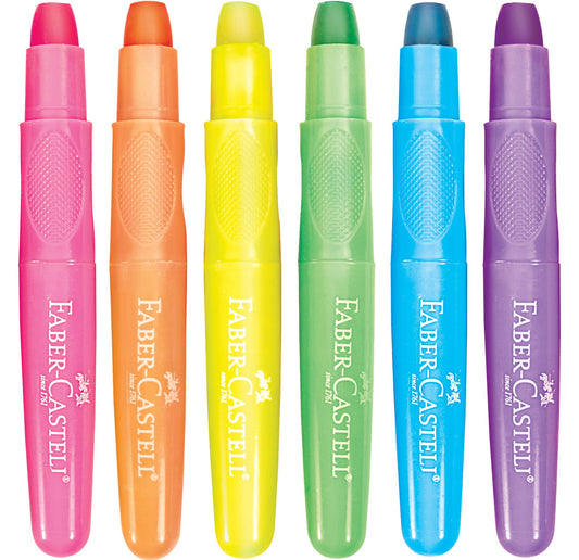 Set of six colorful Faber-Castell highlighters on a white background