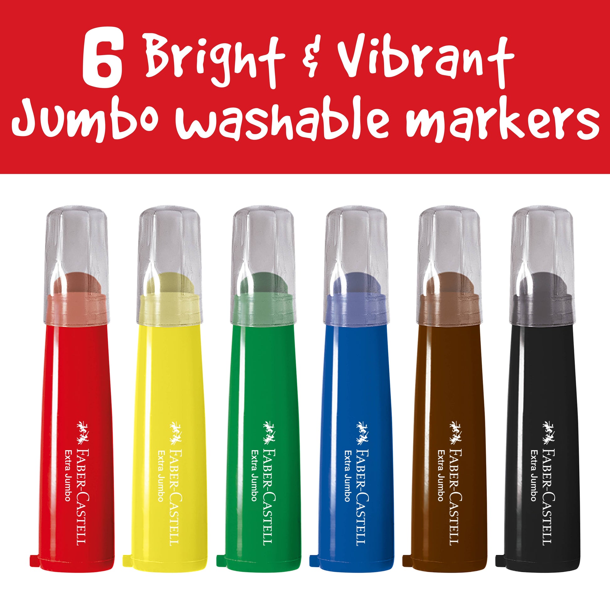 Six bright and vibrant jumbo washable markers from Faber-Castell on a white background with red text.