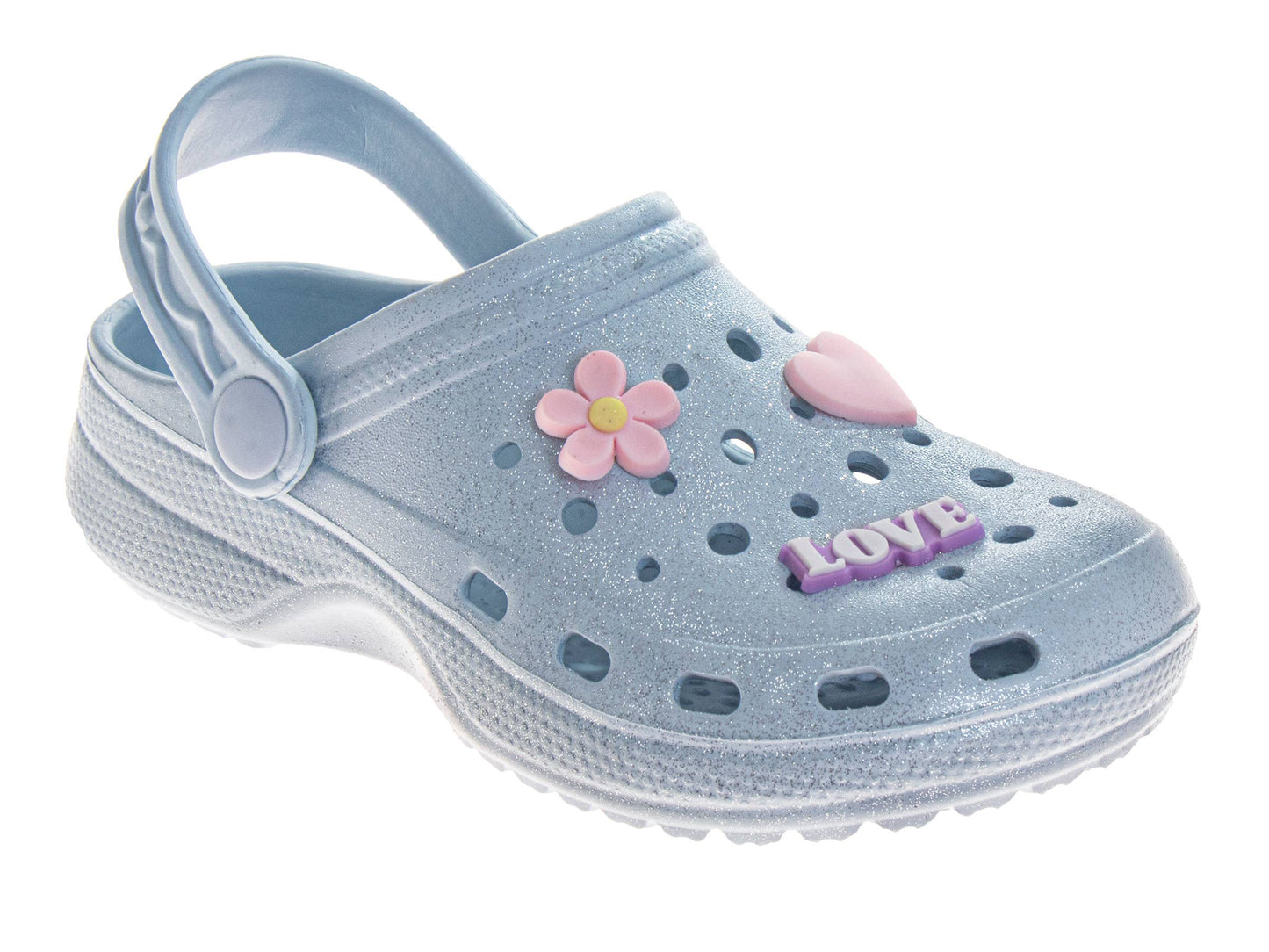 Sparkly light blue clog shoe with floral design and 'LOVE' text on a white background