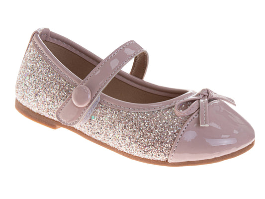 Sparkly pink shoe with a bow on a white background