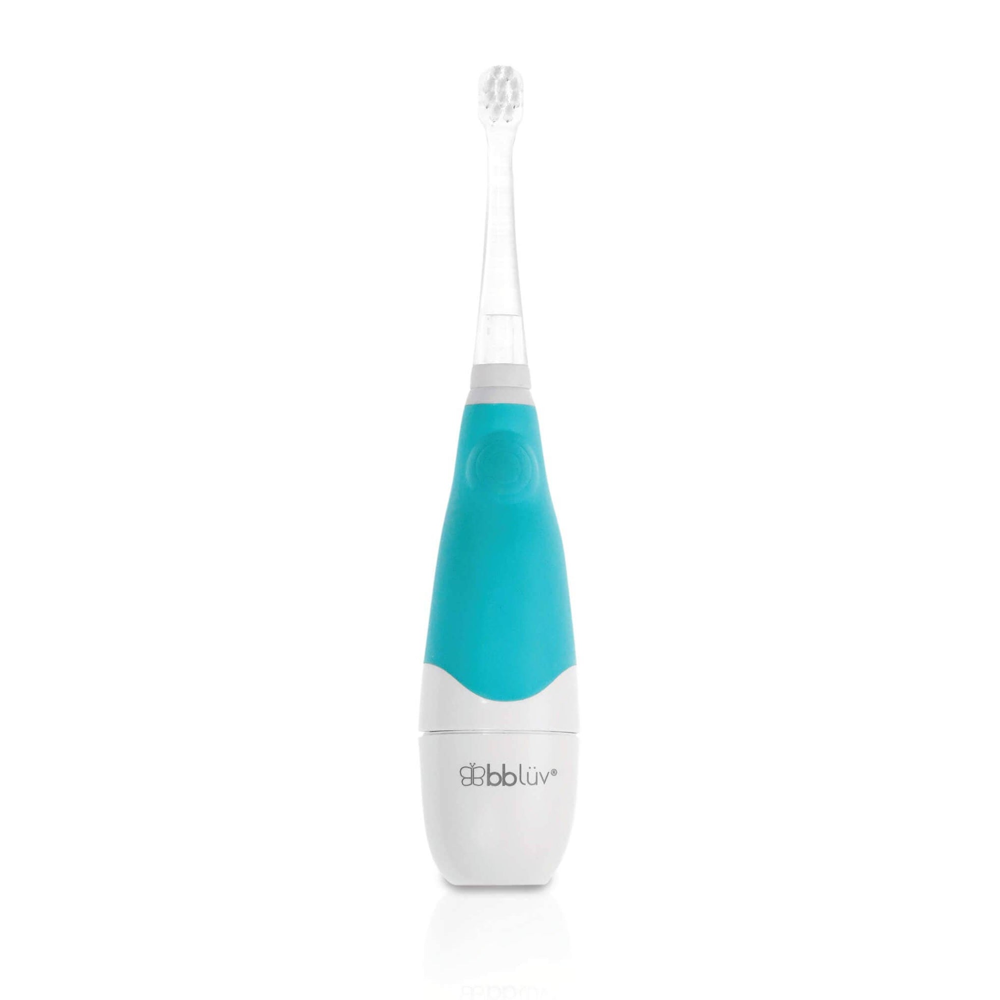 Teal and white electric toothbrush on a white background