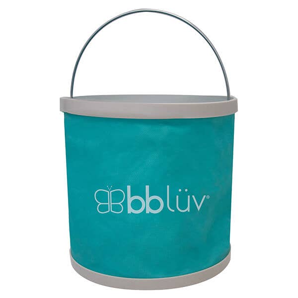 Teal folding bucket with gray handle and rim on a white background, featuring the brand 'bbläv'.