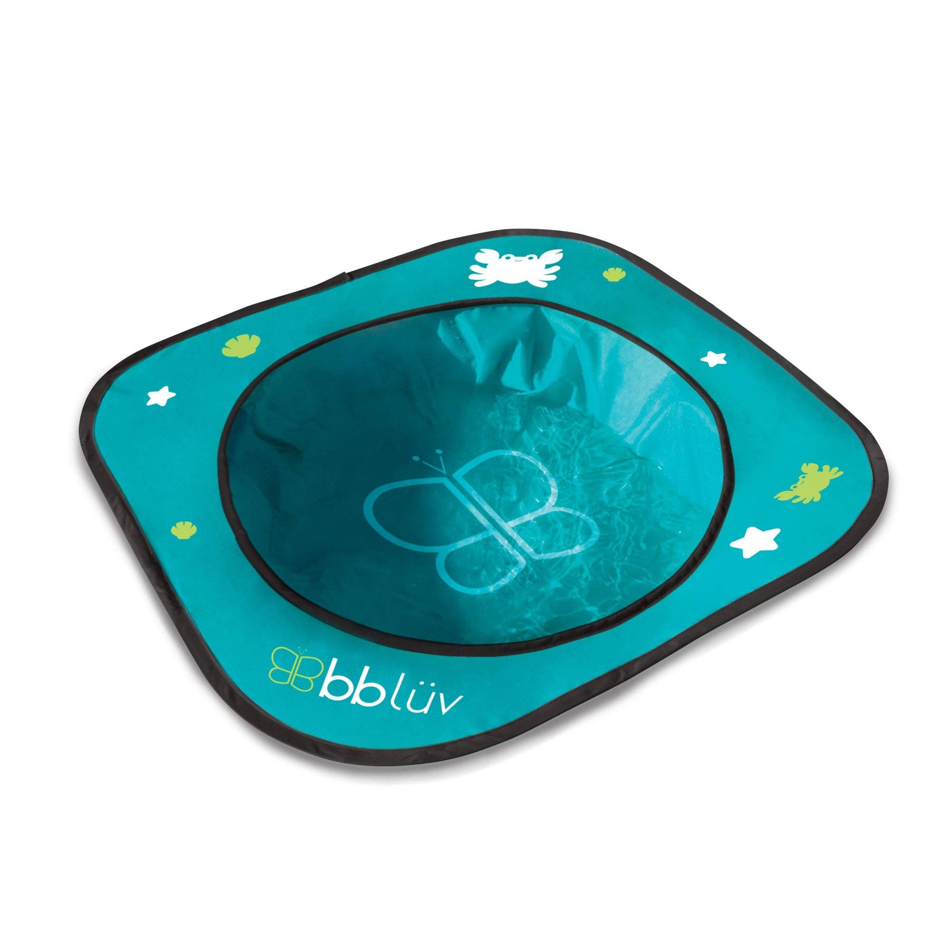 Teal mat with butterfly design and 'bbluv' branding on a white background