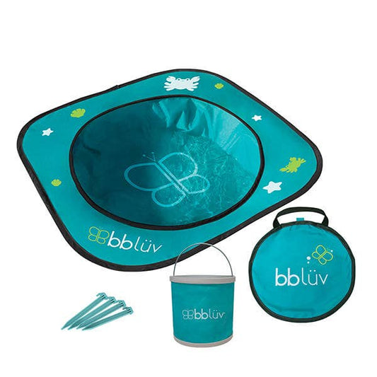 Teal mat with butterfly design and 'bbluv' branding on a white with a round teal bag