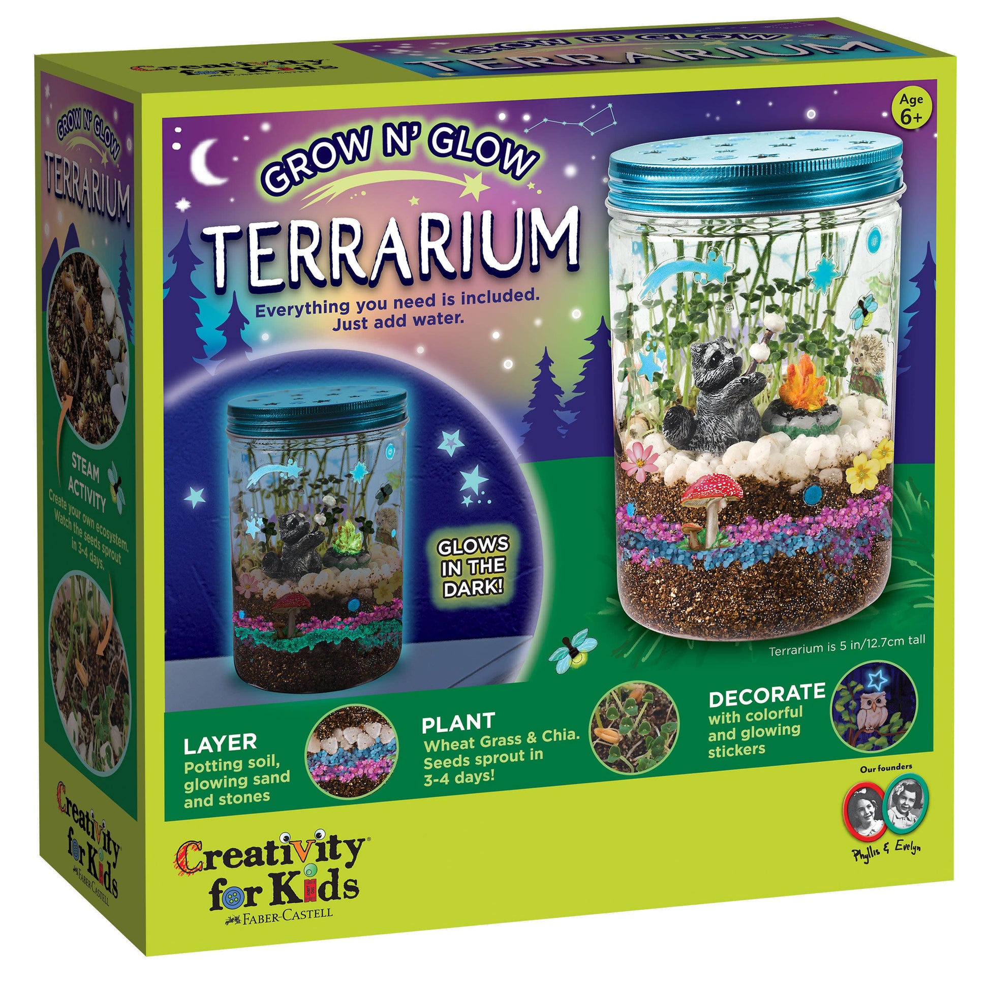 Terrarium kit packaging with 'Grow N' Glow' text and images of a completed terrarium.