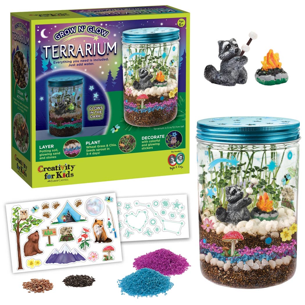 Terrarium kit with packaging, materials, and a completed terrarium featuring a raccoon illustration.