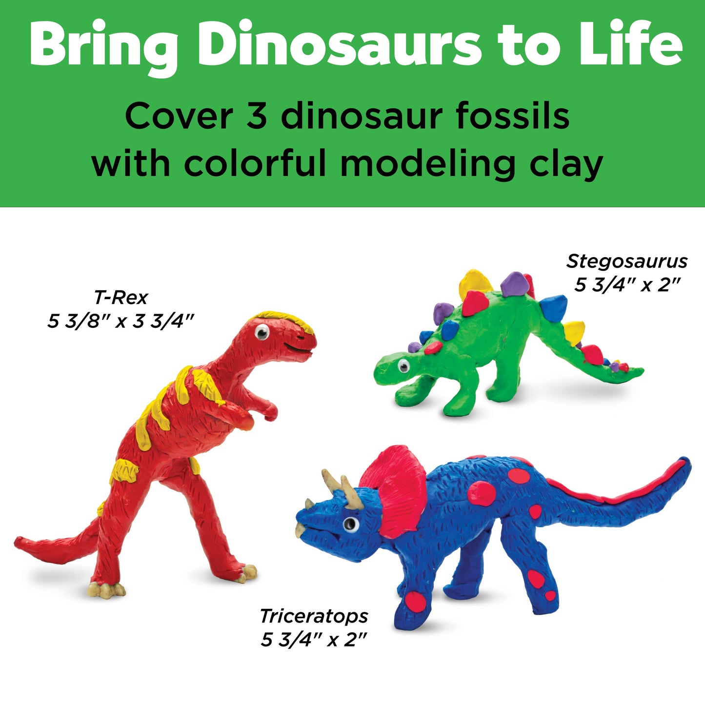 Three dinosaur figurines with colorful modeling clay on a white background