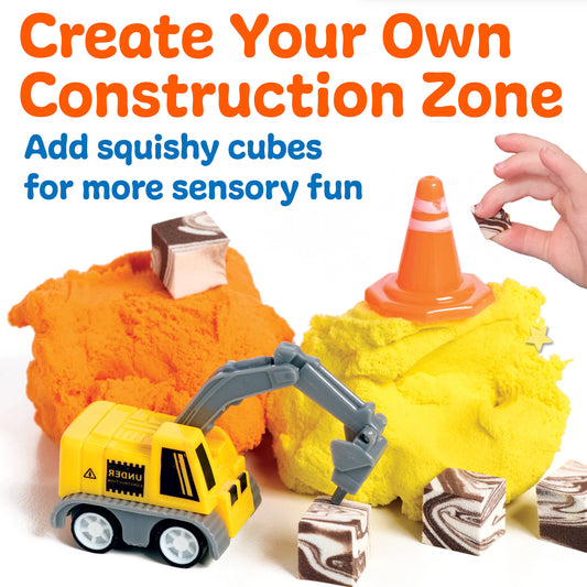 Toy construction set with squishy cubes and a hand interacting with the scene on a white background.