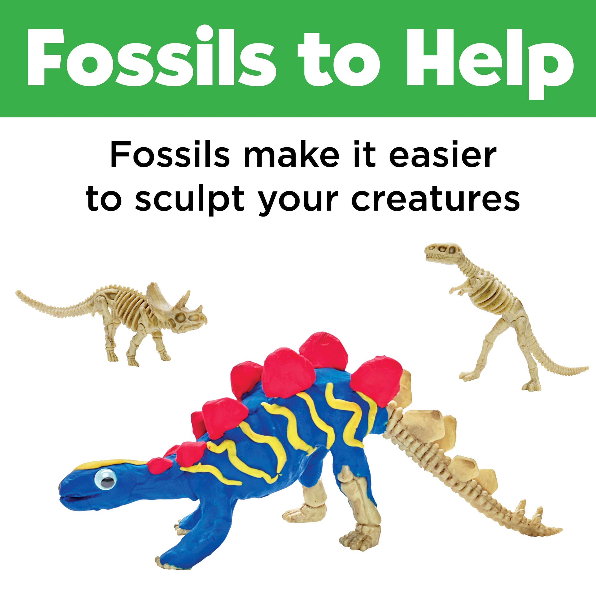 Toy dinosaur with skeleton models and text about fossils helping to sculpt creatures on a white background.