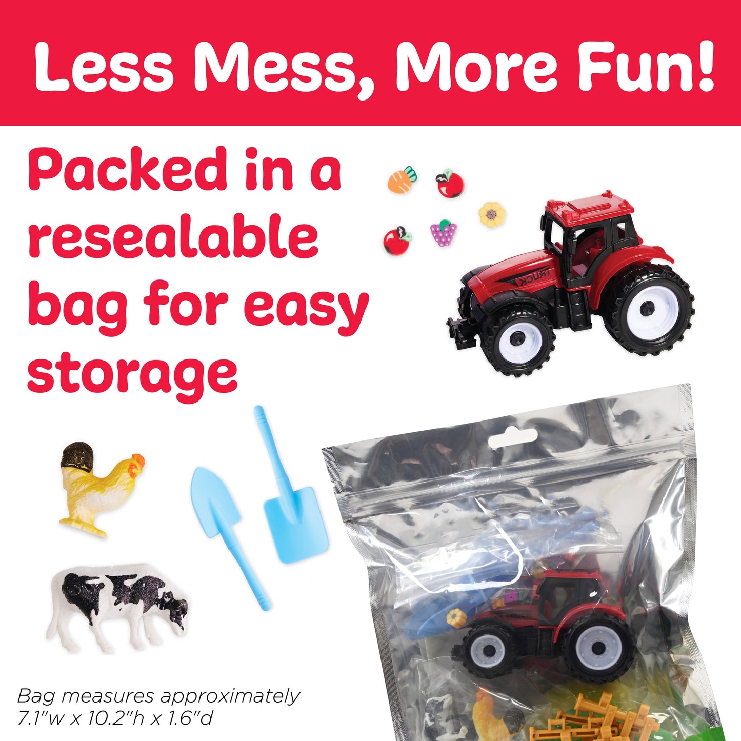 Toy tractor set with resealable bag packaging, featuring text 'Less Mess, More Fun!'.