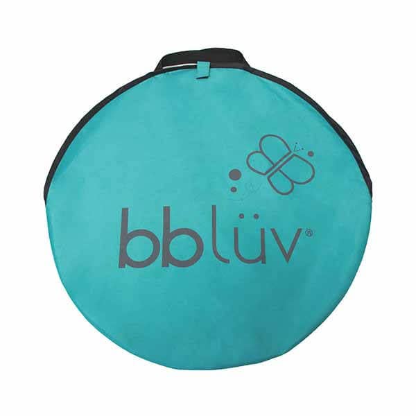 Turquoise round bag with 'bbluv' logo on a white background
