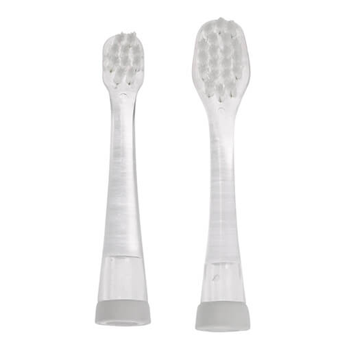 Two clear toothbrush heads with bristle patterns on a white background