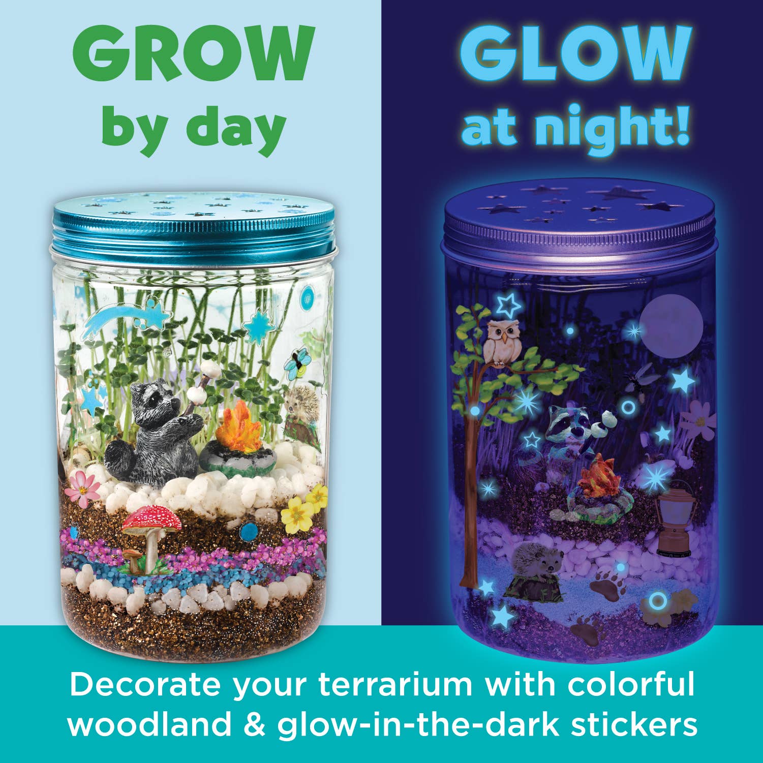 Two terrariums with colorful woodland and glow-in-the-dark stickers, one labeled 'Grow by day' and the other 'Glow at night'.