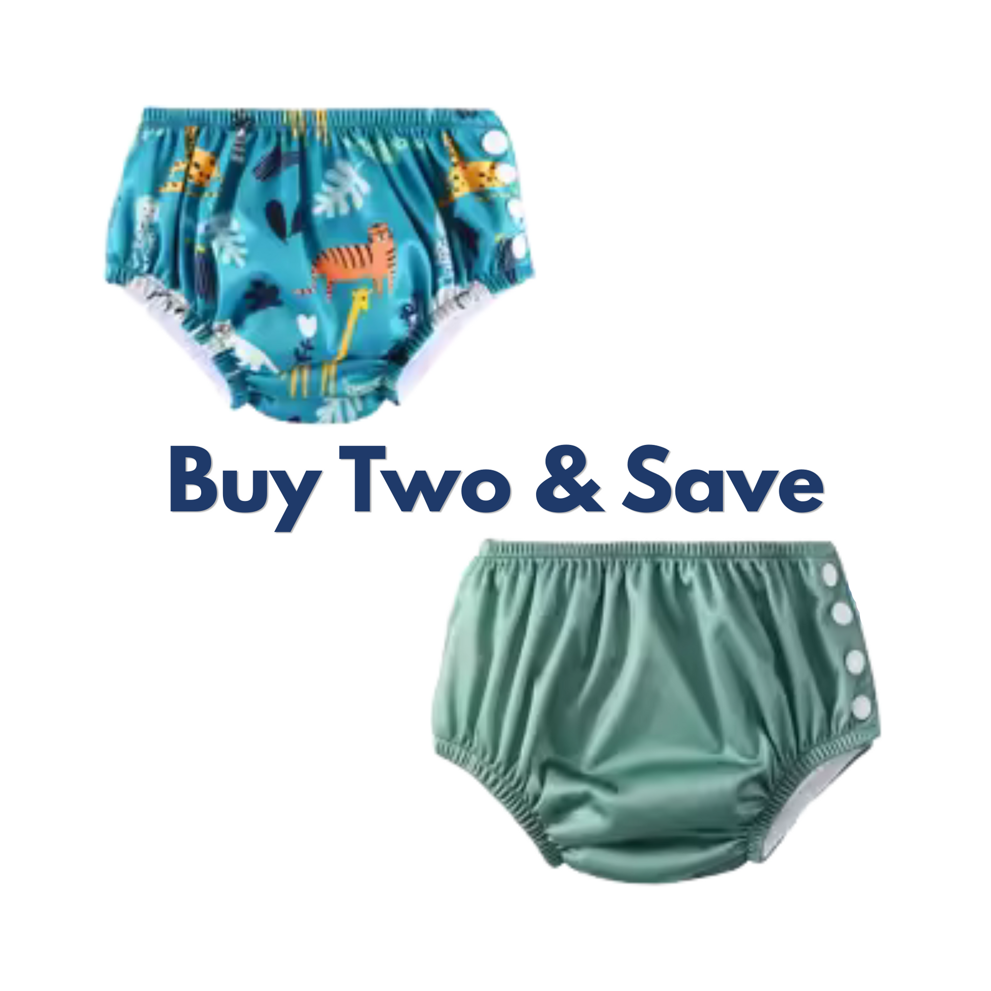 Two children's swim diapers with animal print and solid color on a white background.