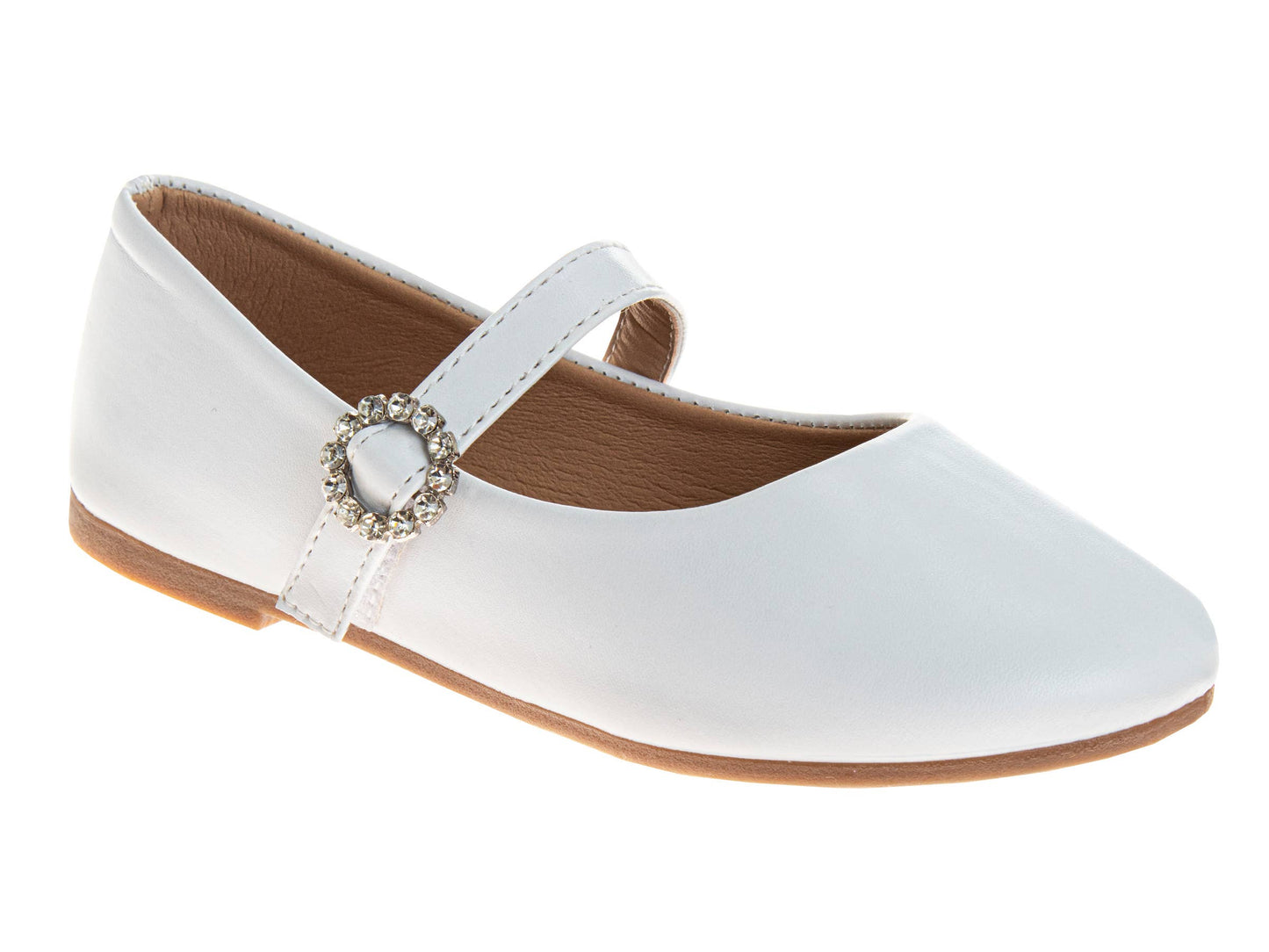 White flat shoe with a decorative strap on a white background