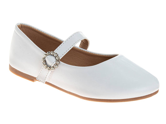 White flat shoe with a decorative strap on a white background
