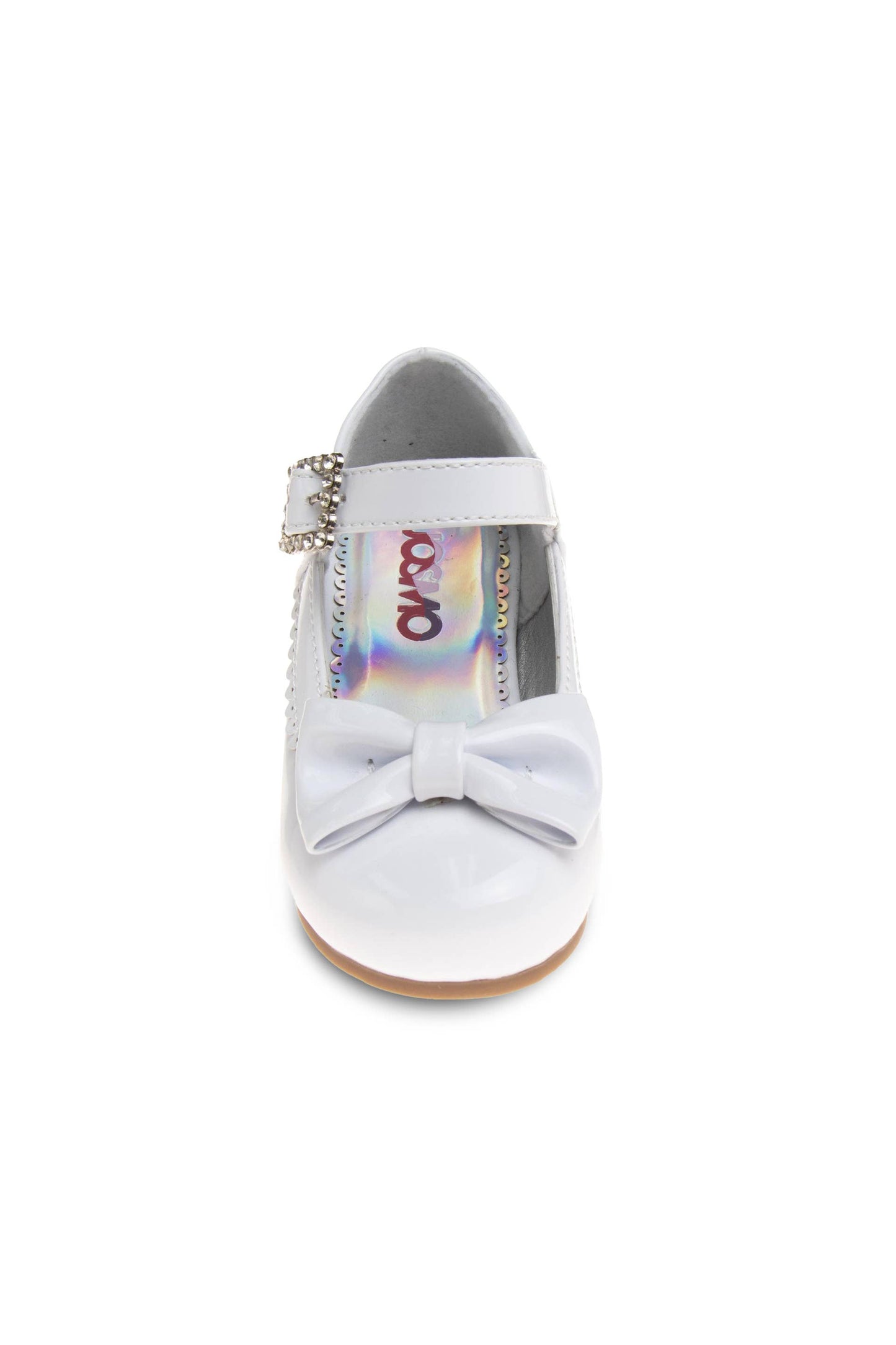 White sandal with bow detail on a white background