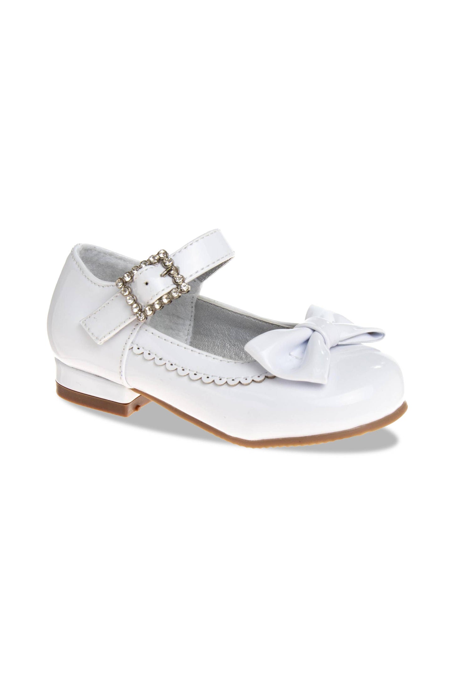 White shoe with a bow and decorative buckle on a white background