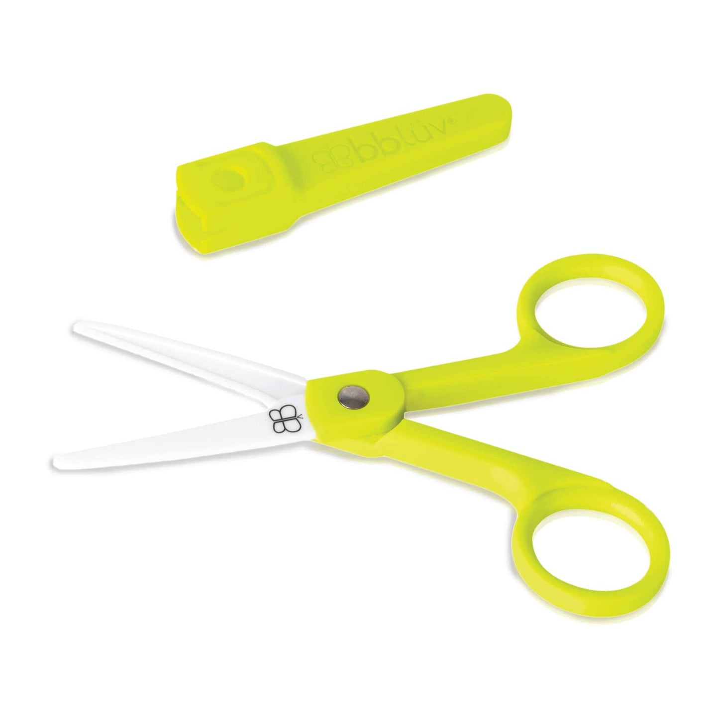 Yellow children's scissors with a sheath on a white background 1