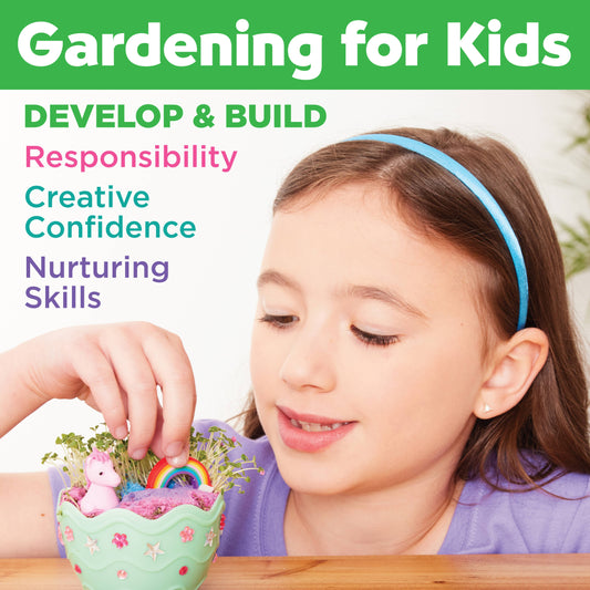 Young girl gardening with text about benefits of gardening for kids
