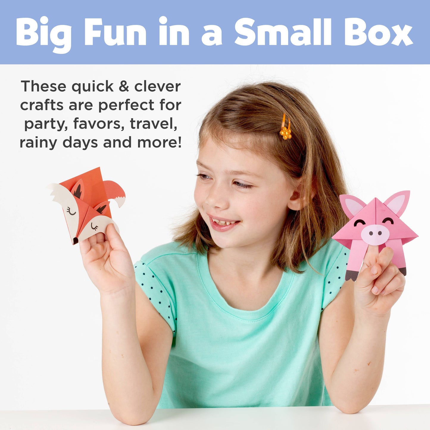 Young girl holding paper crafts of a fox and a pig, with text about quick and clever crafts.